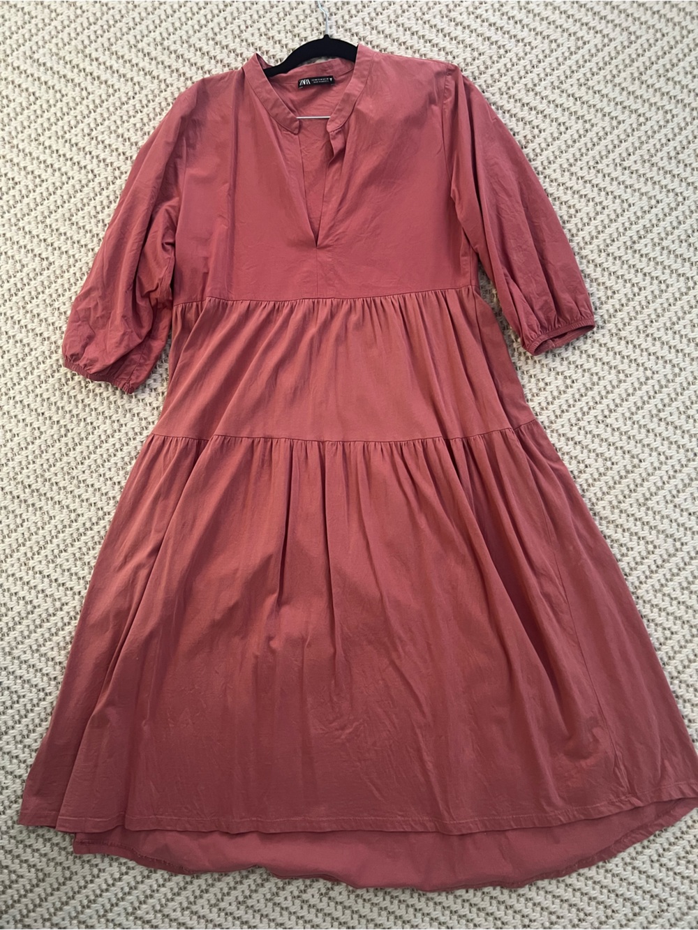 Zara Women Mixed Media Dusty Coral Tiered Poplin Dress